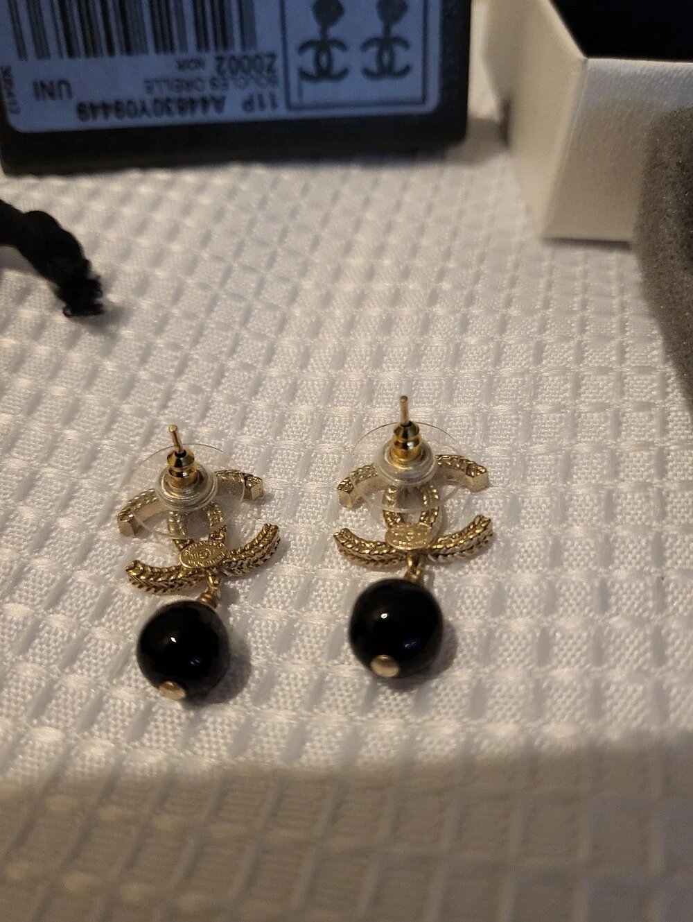 CHANEL Gold-Tone CC Drop Earrings with Black Beads